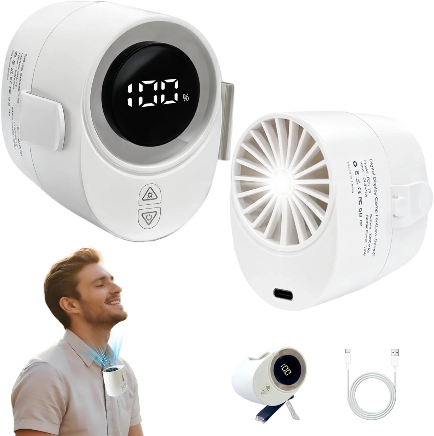 Portable Clip On Fan, 6-Speed Small Waist Fan with LED Display, 20H Rechargeable Personal Fan with Flashlight, Hands-Free Shirt/Belt/Desk Mini Fan