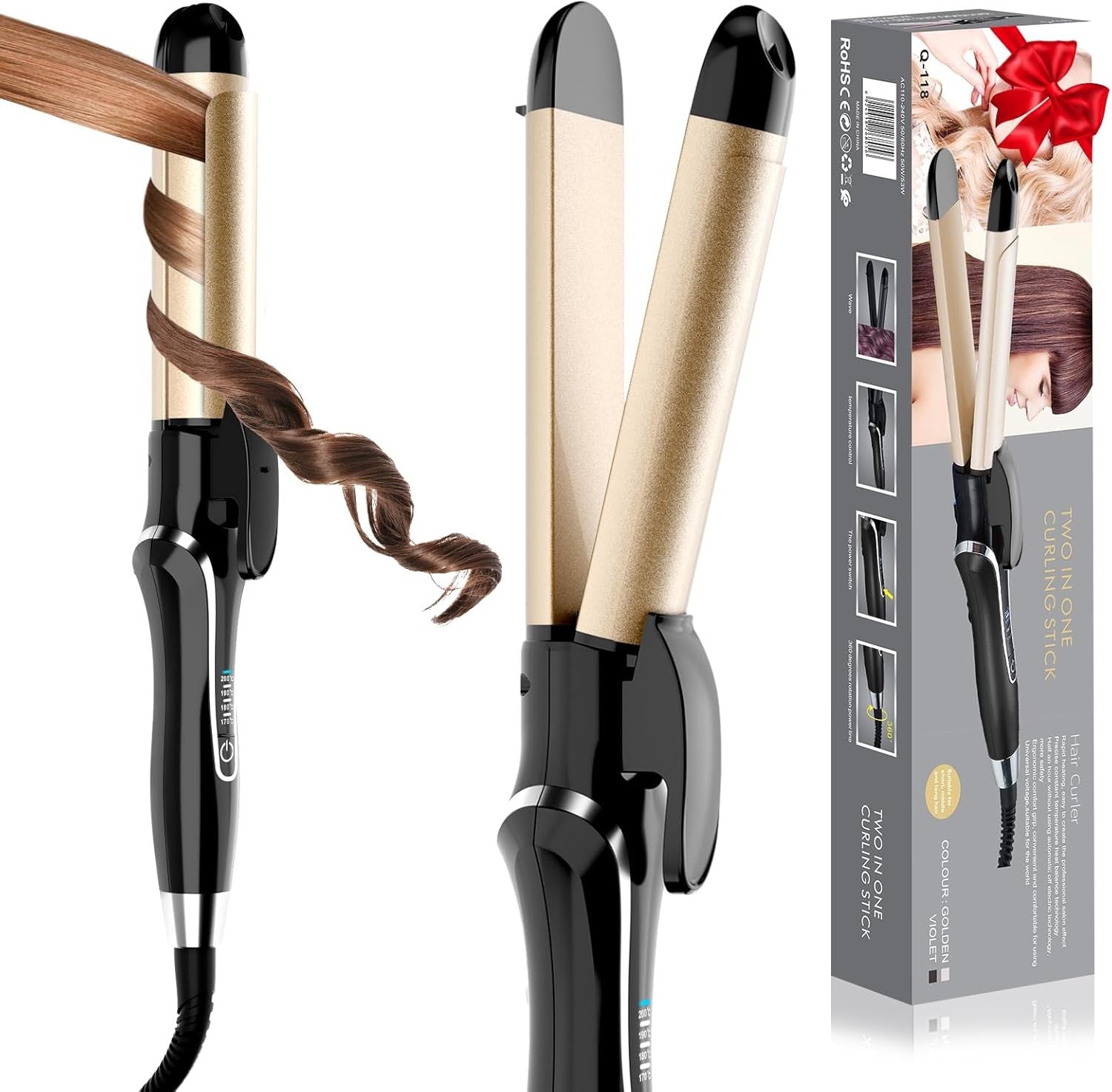 Curling Iron, 2 in 1 Hair Straightener and Curler, 1.25 Inch Ceramic Curling Wand with Adjustable Temperature, Dual Voltage for All Hair Types, Anti-Tangle