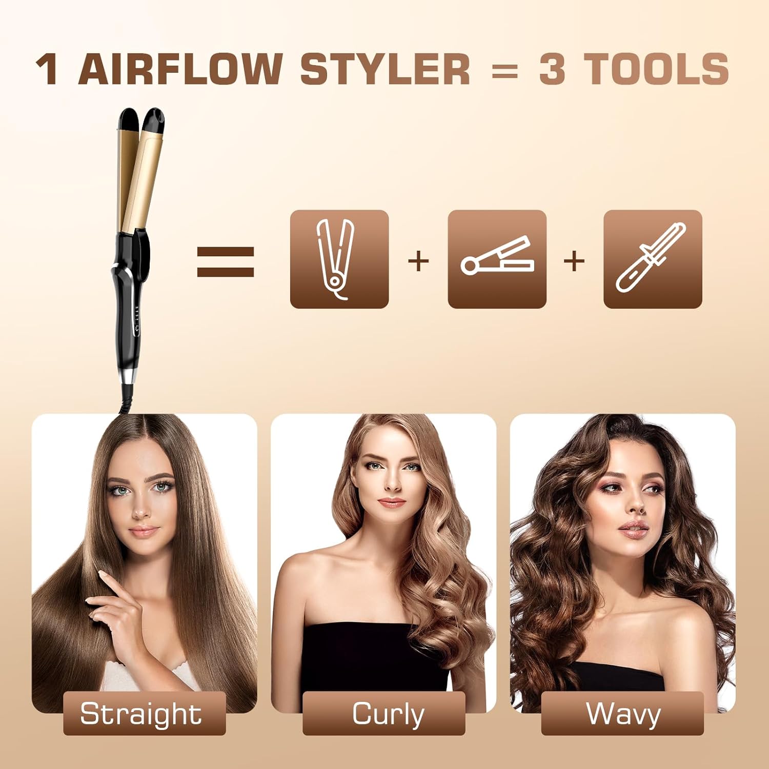 Curling Iron, 2 in 1 Hair Straightener and Curler, 1.25 Inch Ceramic Curling Wand with Adjustable Temperature, Dual Voltage for All Hair Types, Anti-Tangle