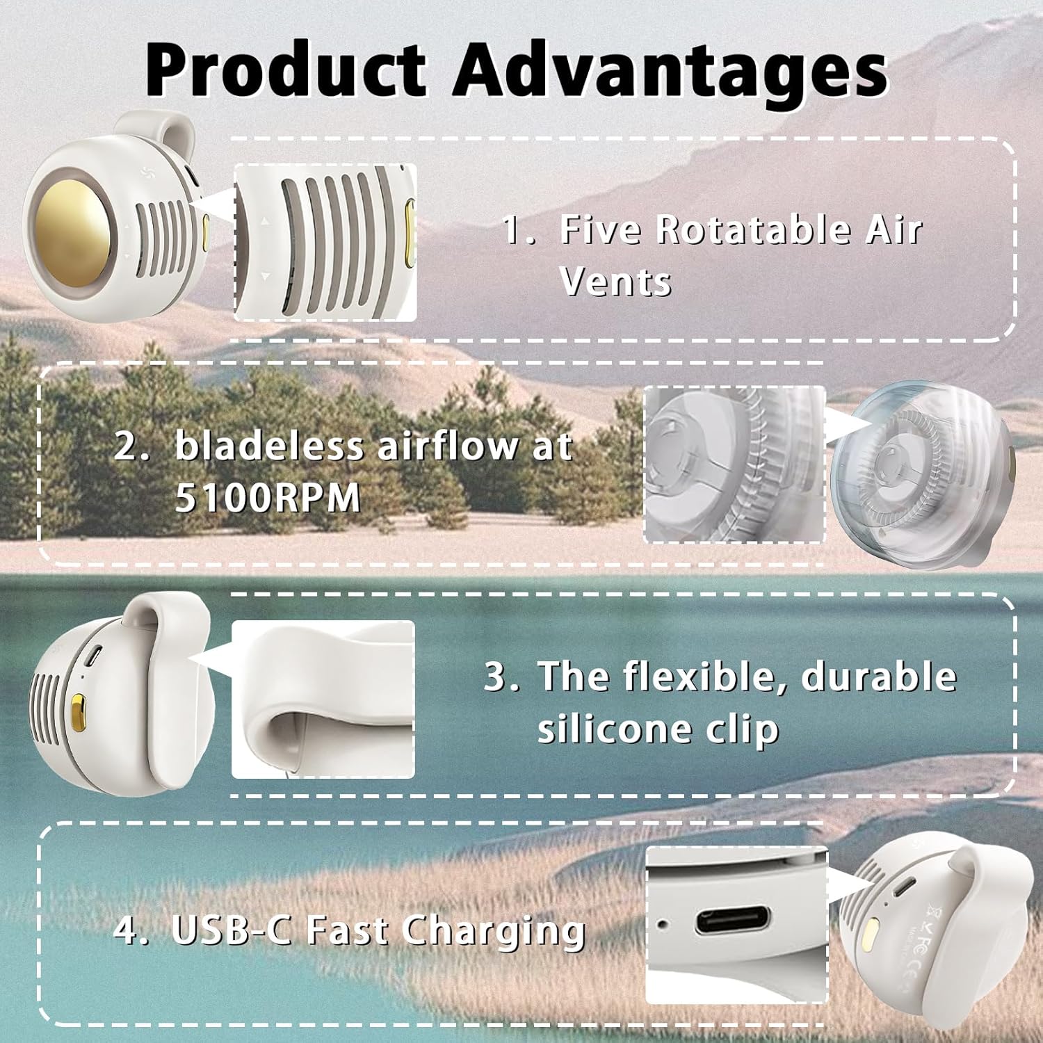 Portable Clip-On Fan, Mini USB Rechargeable 360° Rotatable Fan, 3-Speed Silent Mini Bladeless Fans